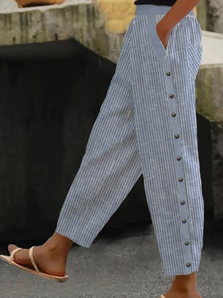 Romy | Striped Pants with Button Detail – Blue