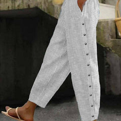 Romy | Striped Pants with Button Detail – Grey