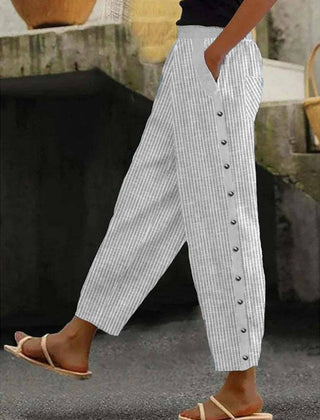 Romy | Striped Pants with Button Detail – Grey