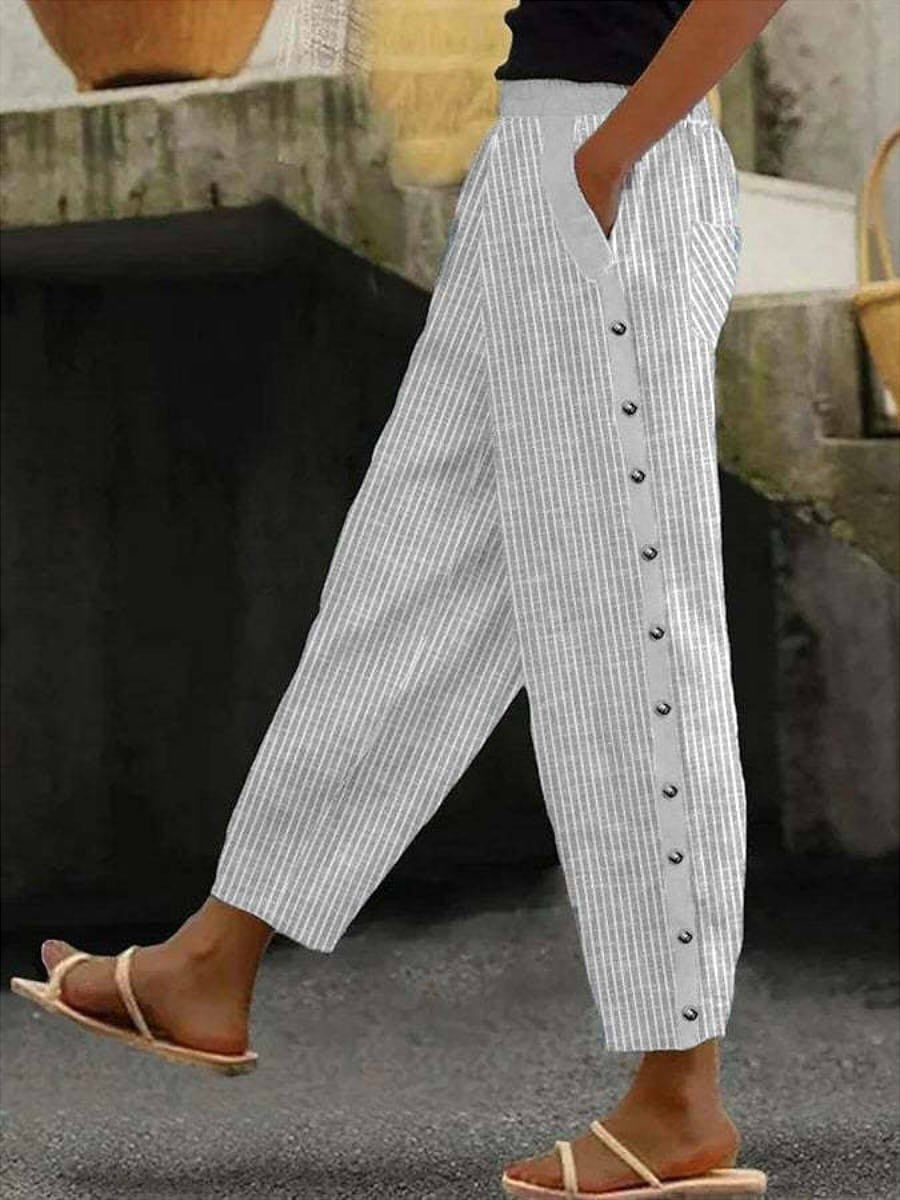 Romy | Striped Pants with Button Detail – Grey