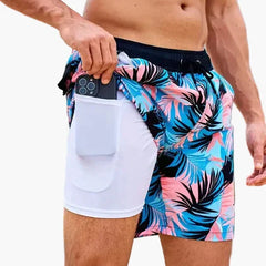 Ollie | Men's Tropical Print Beach Shorts with Liner – Blooming Orchid