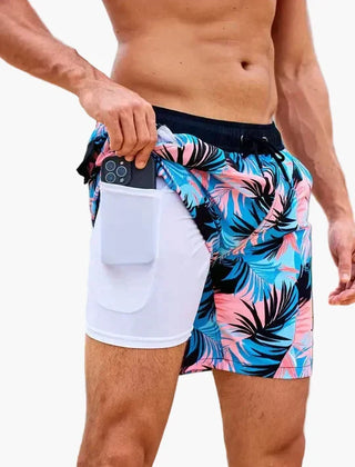Ollie | Men's Tropical Print Beach Shorts with Liner – Blooming Orchid