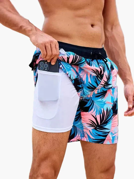 Ollie | Men's Tropical Print Beach Shorts with Liner – Blooming Orchid