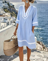 Anouk | Short Sleeve Striped Dress with V-Neck