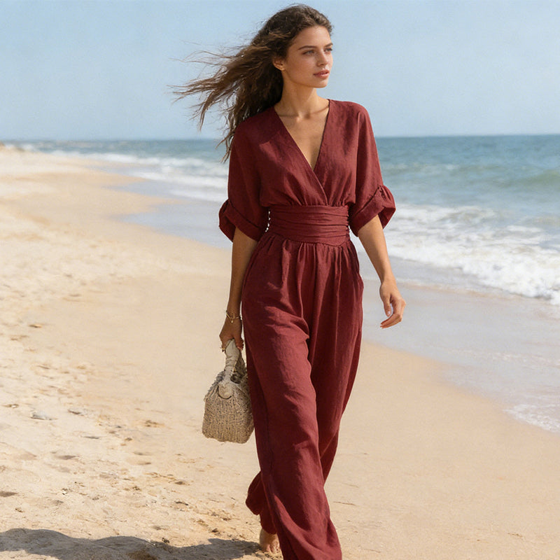 Ilaria | Women's V-Neck Wide Leg Jumpsuit with High Waist