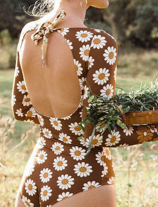 Lumi | Floral Long Sleeve Swimsuit with High Neck – Brown Floral