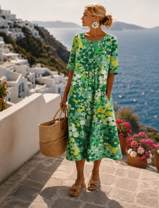 Ilona | Women's Bright Floral A-Line Sundress – Green
