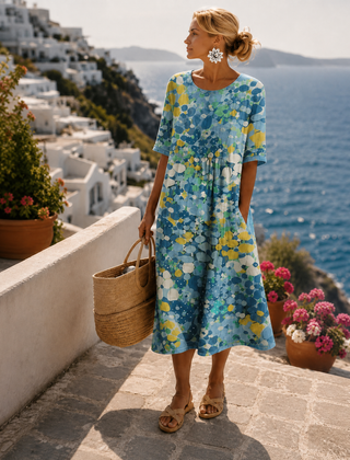 Ilona | Women's Bright Floral A-Line Sundress – Blue