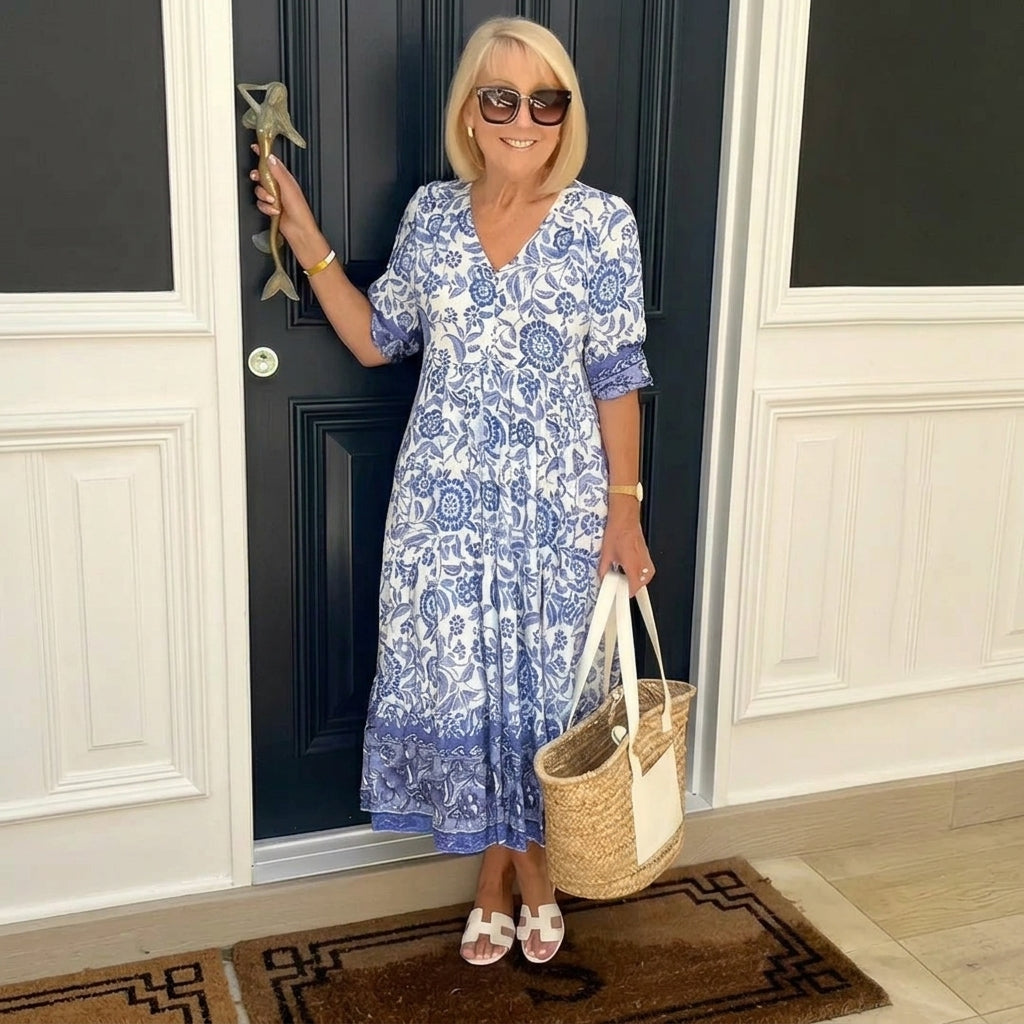 Henrietta | Floral A-Line Dress with Deep V-Neck – Blue