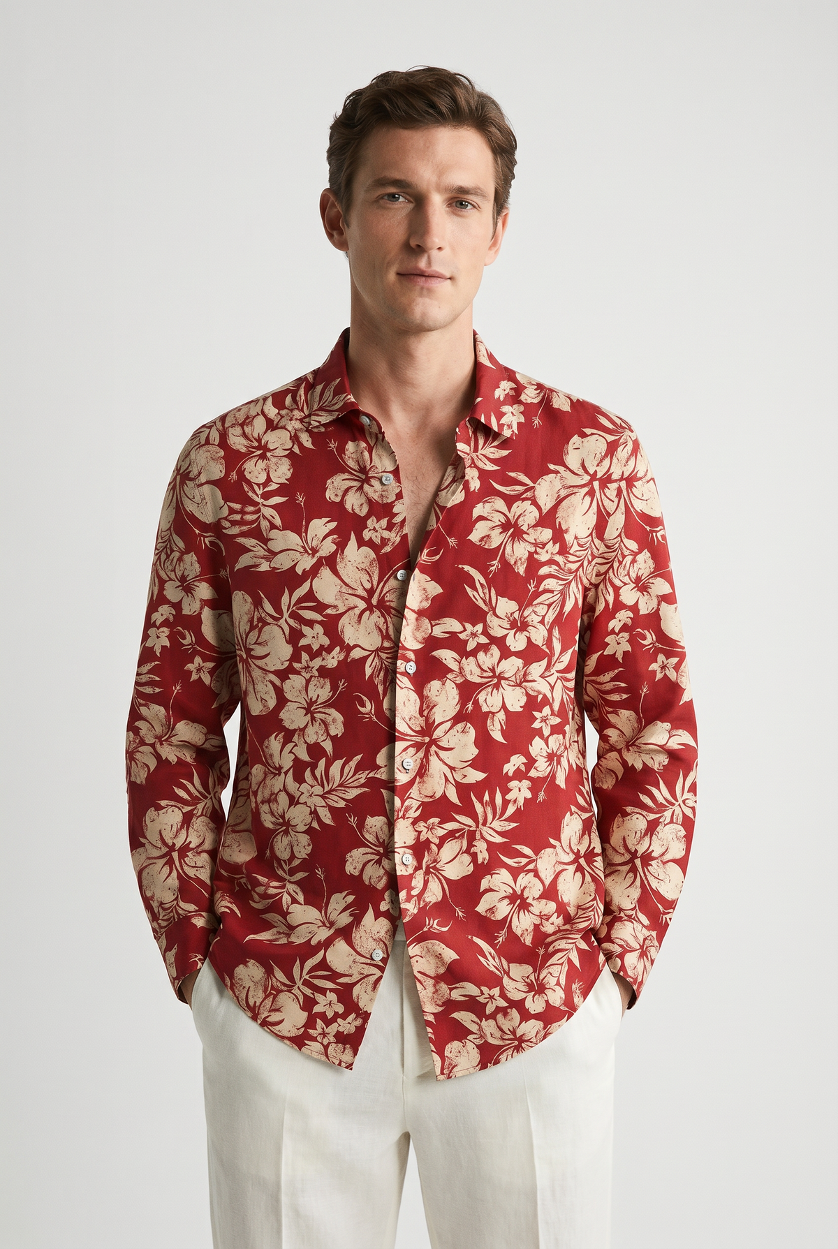 Ike | Slim Fit Floral Shirt with Stretch Fabric – Red