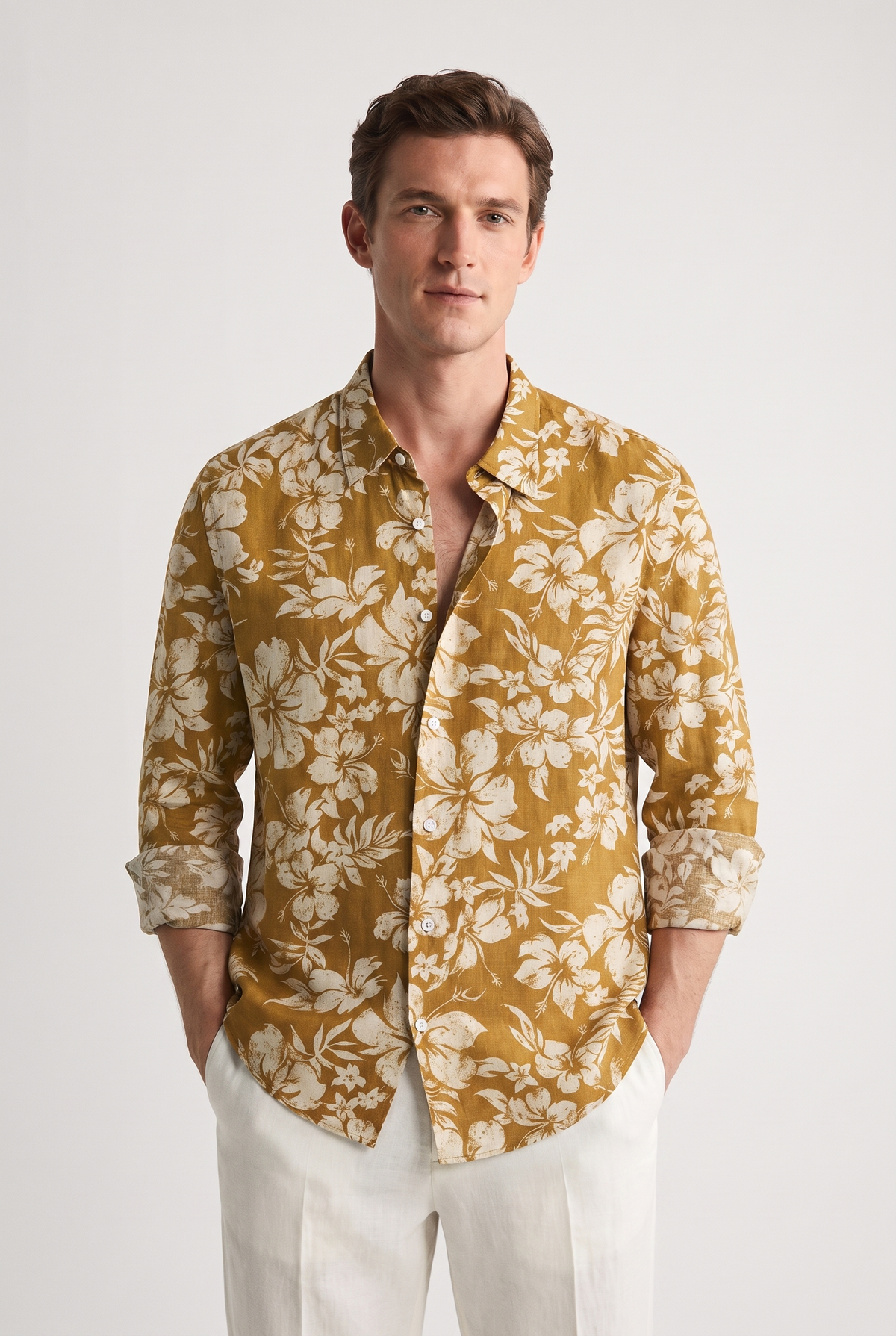 Ike | Slim Fit Floral Shirt with Stretch Fabric – Mustard