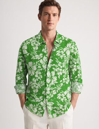 Ike | Slim Fit Floral Shirt with Stretch Fabric – Green