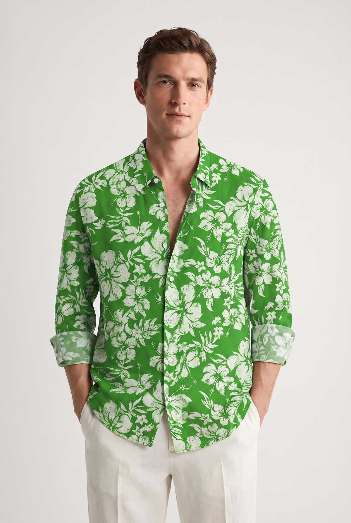 Ike | Slim Fit Floral Shirt with Stretch Fabric – Green