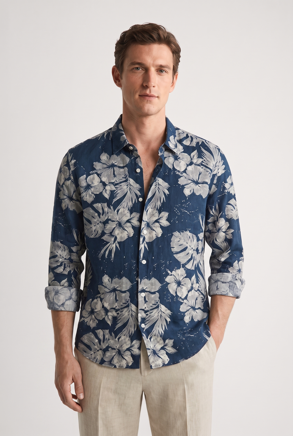 Ike | Slim Fit Floral Shirt with Stretch Fabric – Blue