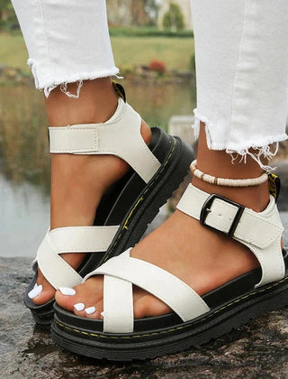 Gilda | Women's Cross Strap Platform Sandals with Buckle – White