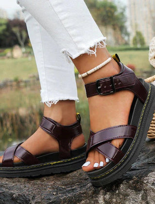 Gilda | Women's Cross Strap Platform Sandals with Buckle – Burgundy