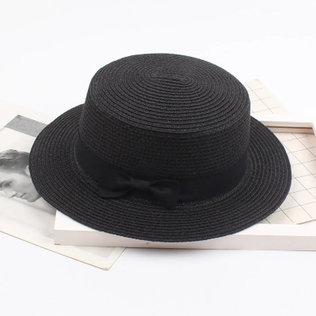 Nissa | Women's Boater Straw Hat with Ribbon Band – Black