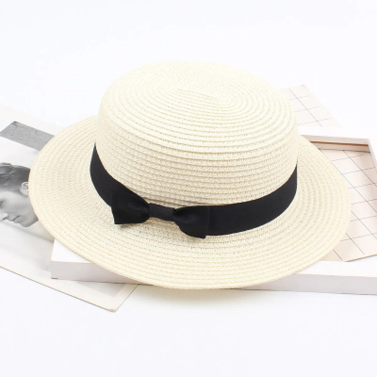 Nissa | Women's Boater Straw Hat with Ribbon Band – Off White