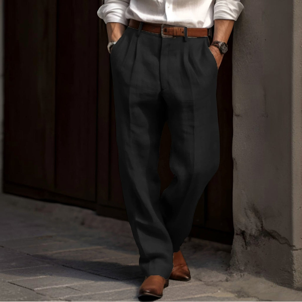 Soren | Pleated Cotton Linen Pants with Elastic Waist – Black