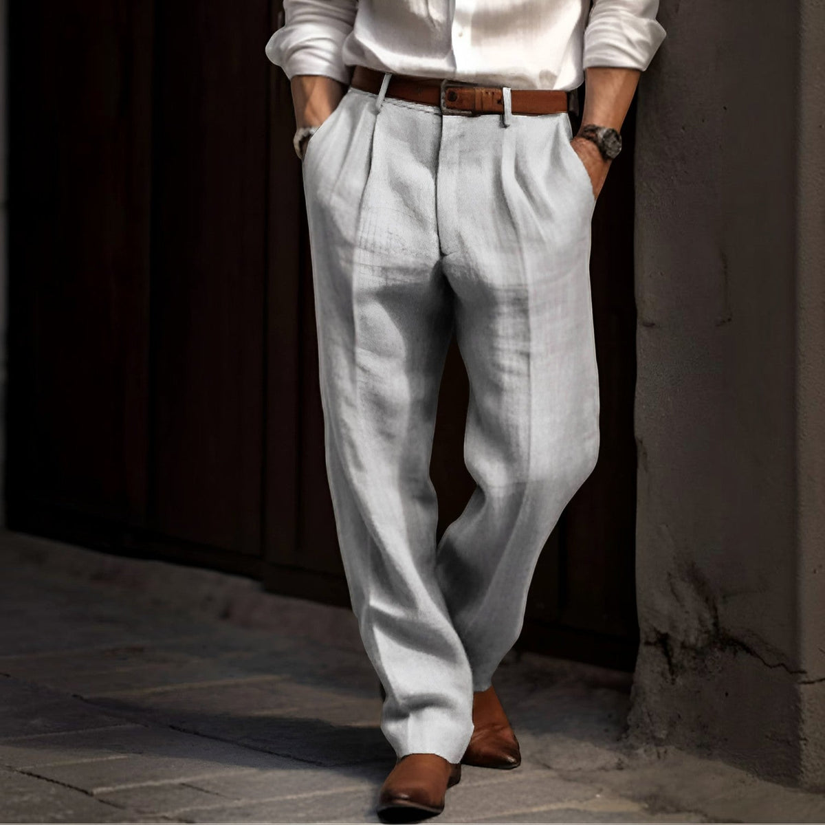 Soren | Pleated Cotton Linen Pants with Elastic Waist – Grey