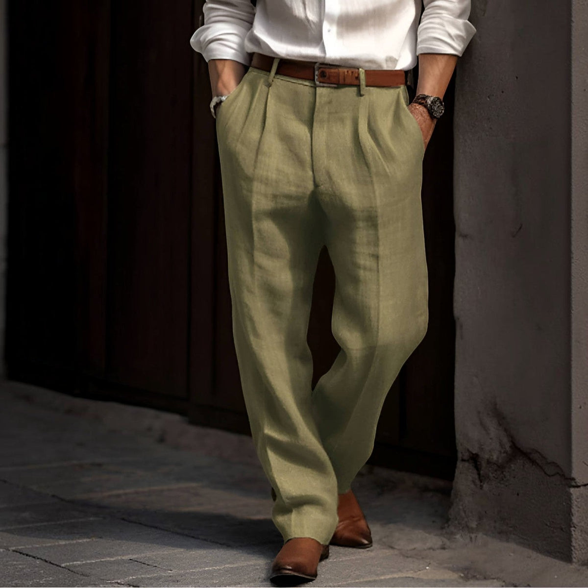 Soren | Pleated Cotton Linen Pants with Elastic Waist – Green