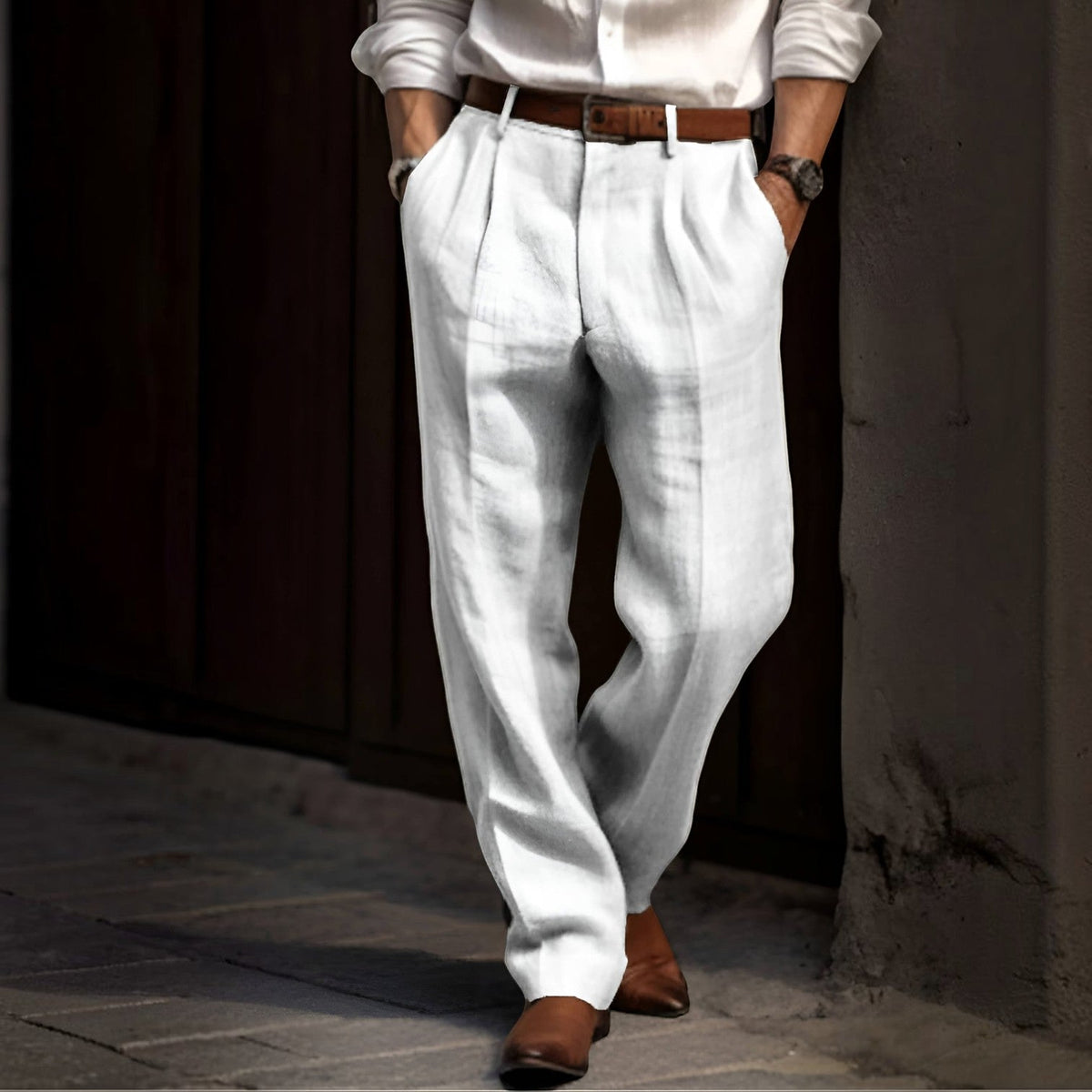 Soren | Pleated Cotton Linen Pants with Elastic Waist – White