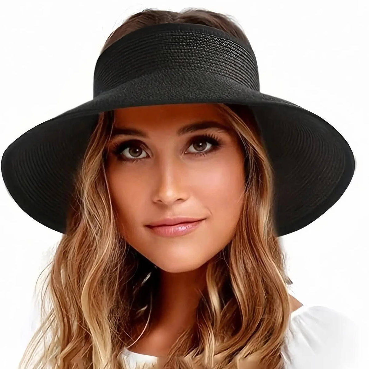 Winona | Open Crown Straw Hat with Wide Visor Brim – Black