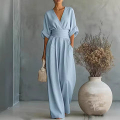 Severine | Women's Deep V-Neck Wide Leg Jumpsuit with Pockets – Light Blue