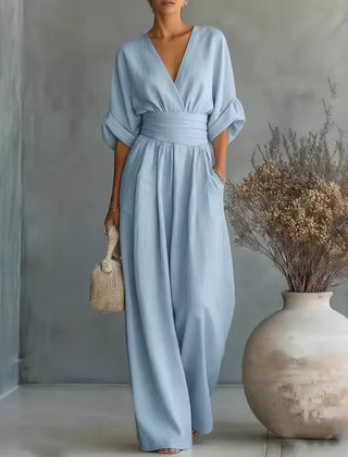 Severine | Women's Deep V-Neck Wide Leg Jumpsuit with Pockets – Light Blue