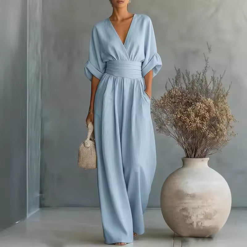 Severine | Women's Deep V-Neck Wide Leg Jumpsuit with Pockets – Light Blue