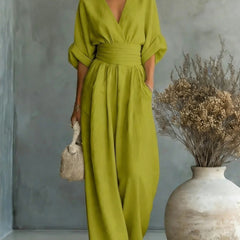 Severine | Women's Deep V-Neck Wide Leg Jumpsuit with Pockets – Light Green