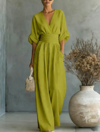 Severine | Women's Deep V-Neck Wide Leg Jumpsuit with Pockets – Light Green