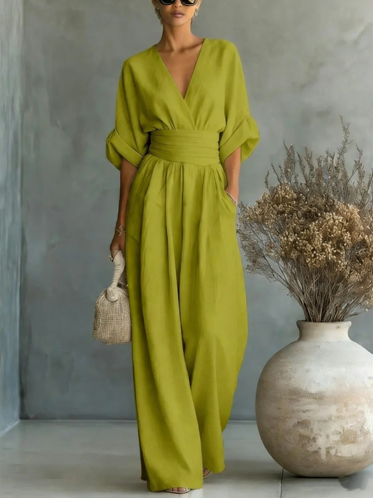 Severine | Women's Deep V-Neck Wide Leg Jumpsuit with Pockets – Light Green