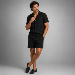 Garrick | Camp Collar Shirt and Shorts Set – Black
