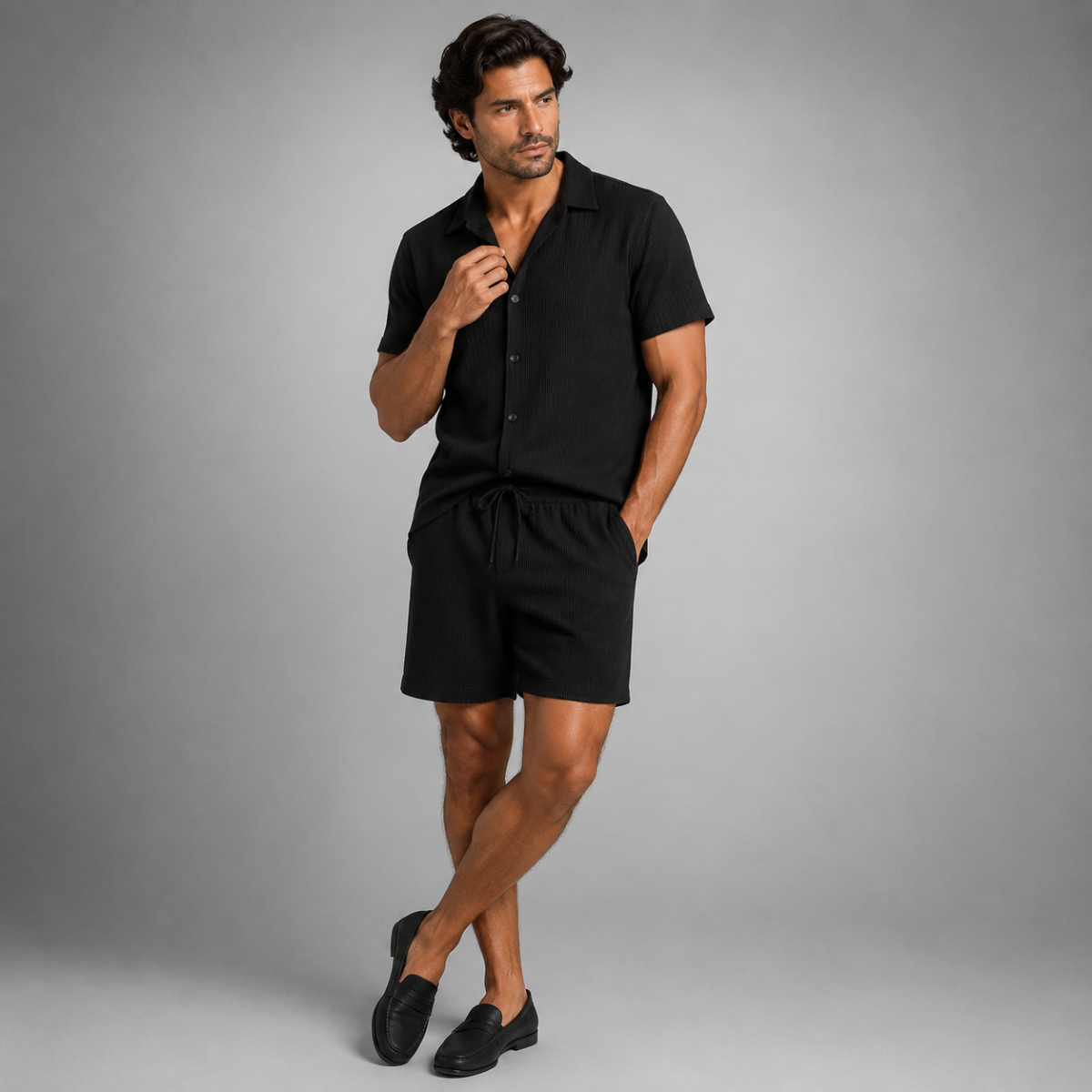 Garrick | Camp Collar Shirt and Shorts Set – Black