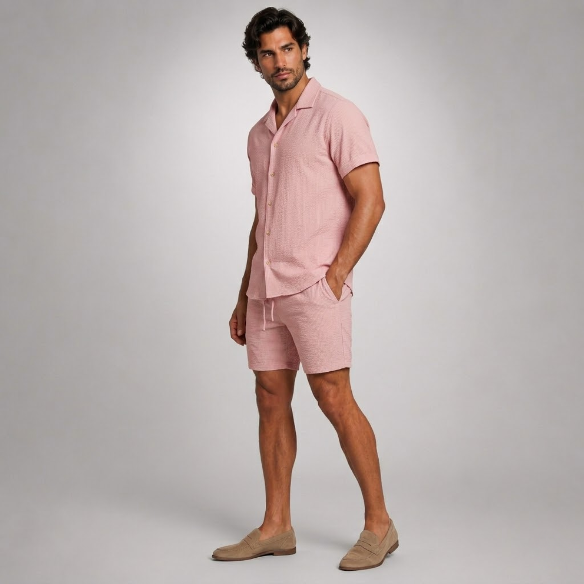 Garrick | Camp Collar Shirt and Shorts Set – Pink