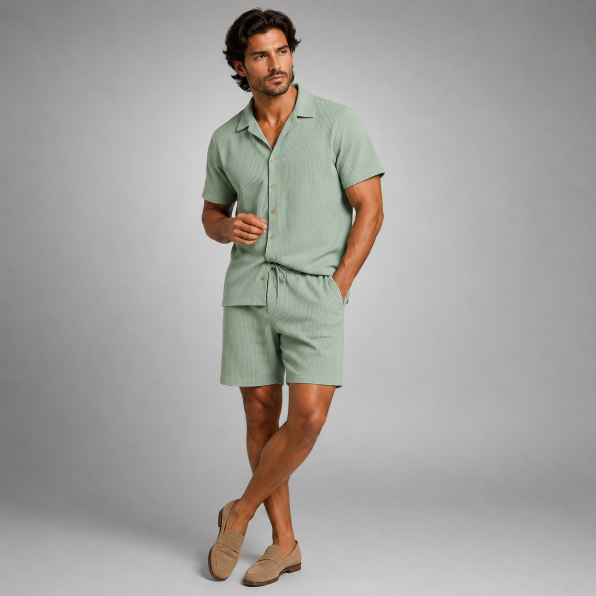 Garrick | Camp Collar Shirt and Shorts Set – Green