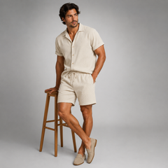 Garrick | Camp Collar Shirt and Shorts Set – Beige
