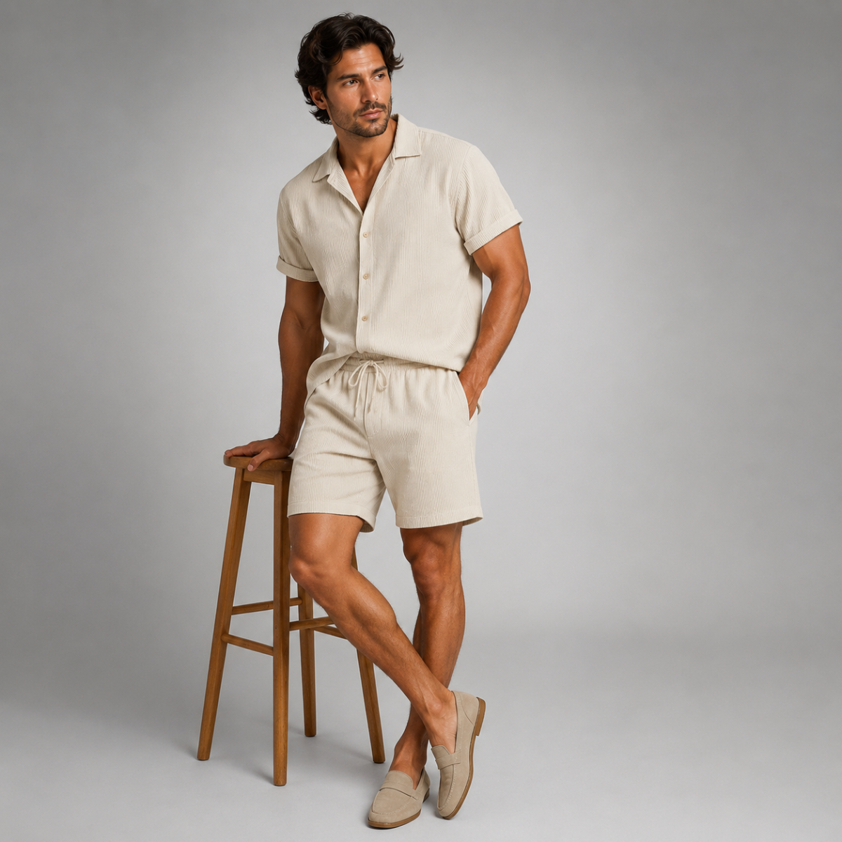 Garrick | Camp Collar Shirt and Shorts Set – Beige