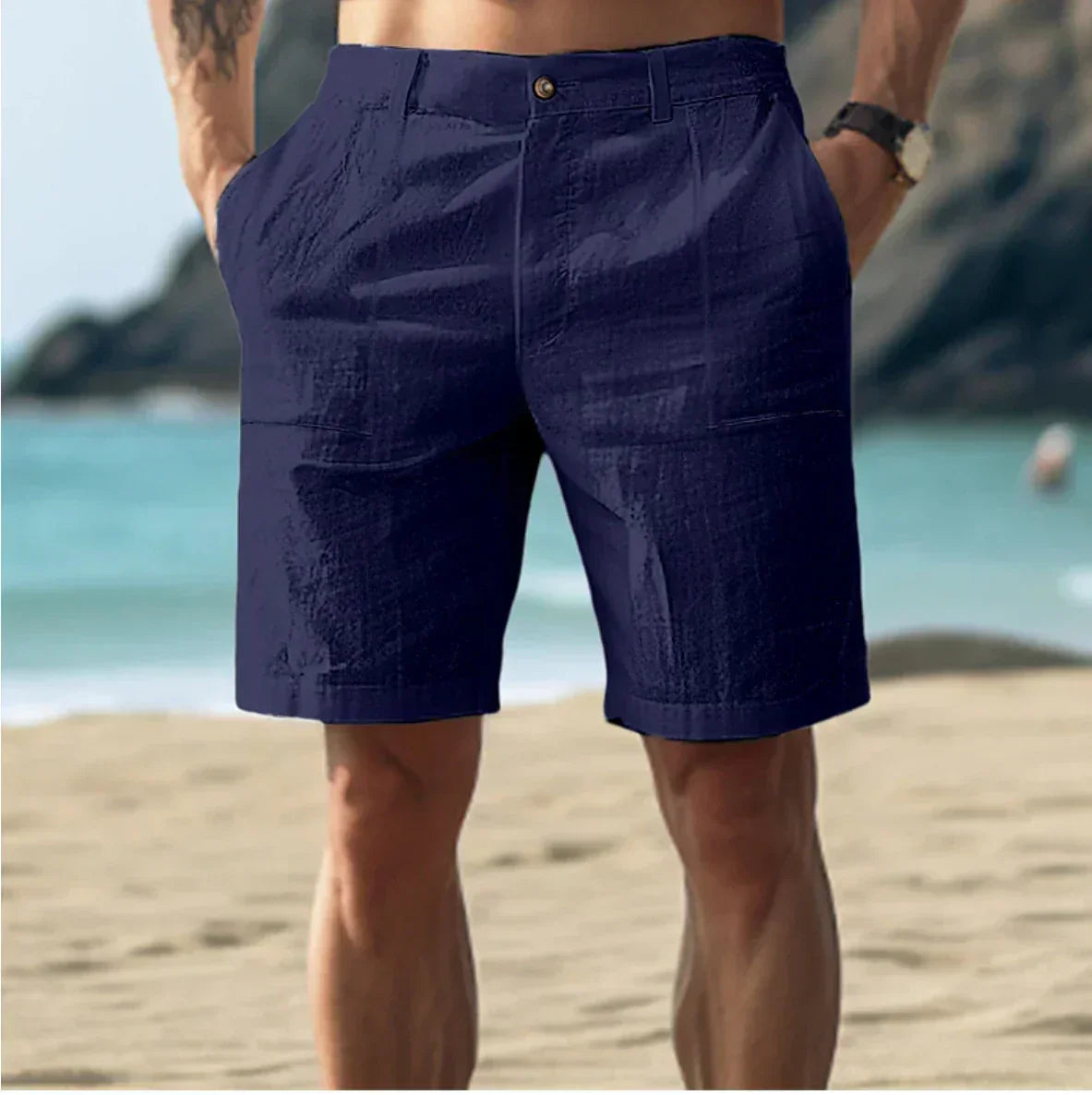 Jarrah | Linen Shorts with Button Fly – Dark Blue