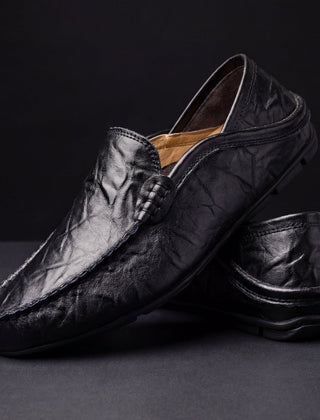 Orson | Grained Leather Laceless Moccasins – Black