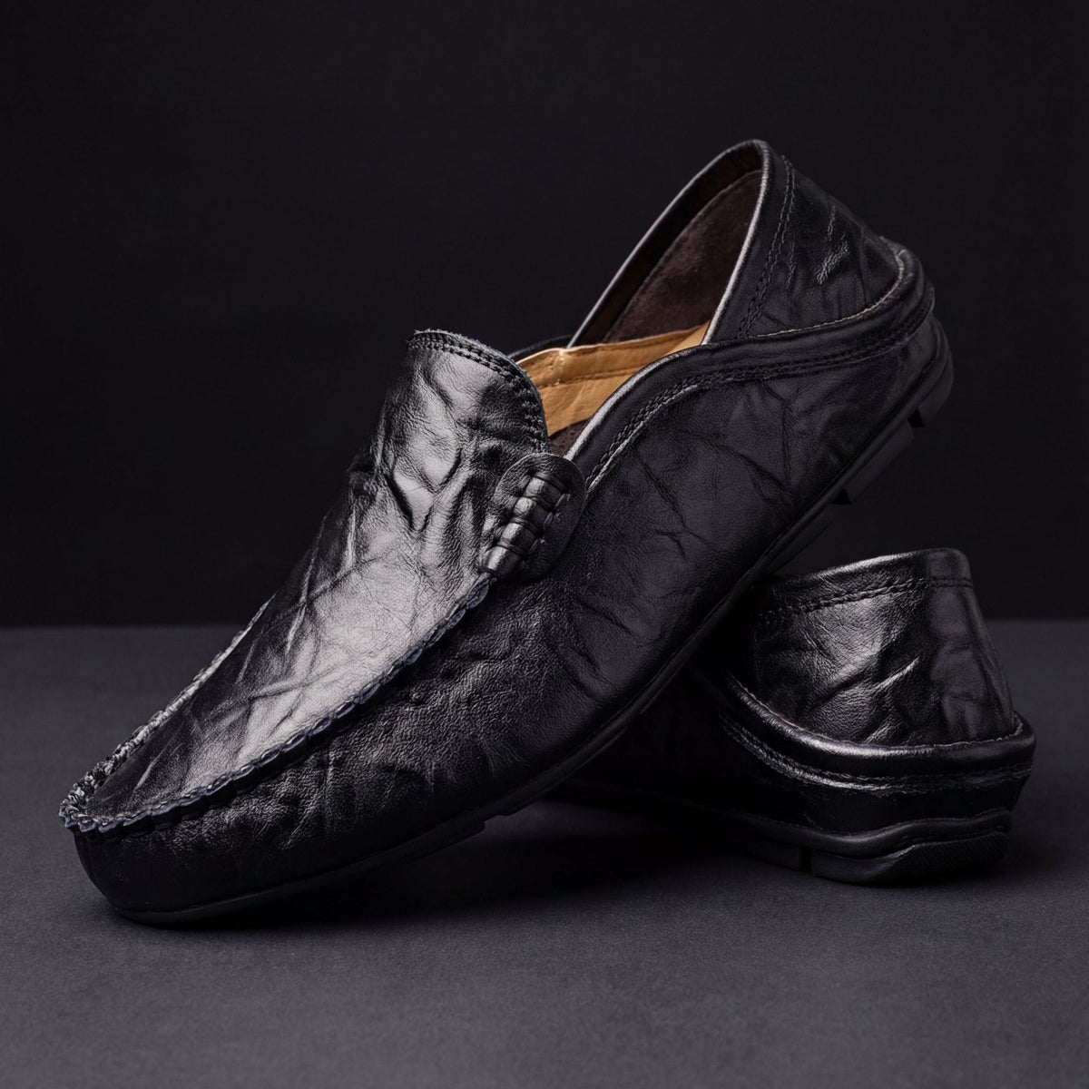 Orson | Grained Leather Laceless Moccasins – Black