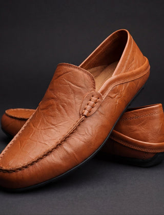 Orson | Grained Leather Laceless Moccasins – Chestnut