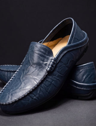 Orson | Grained Leather Laceless Moccasins – Navy