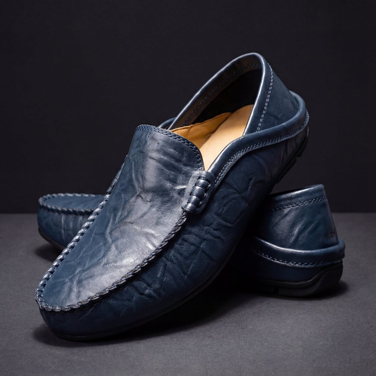 Orson | Grained Leather Laceless Moccasins – Navy