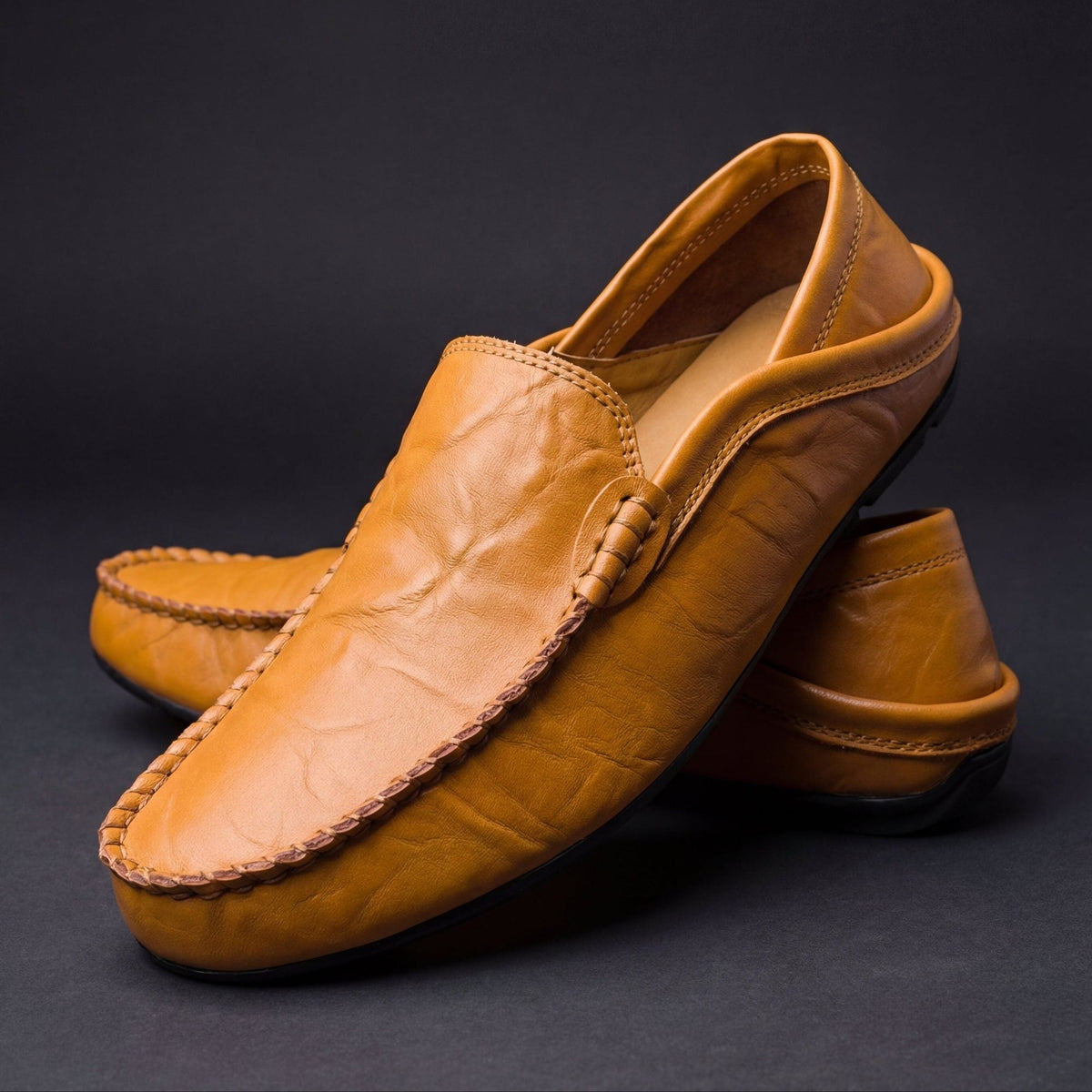 Orson | Grained Leather Laceless Moccasins – Tan