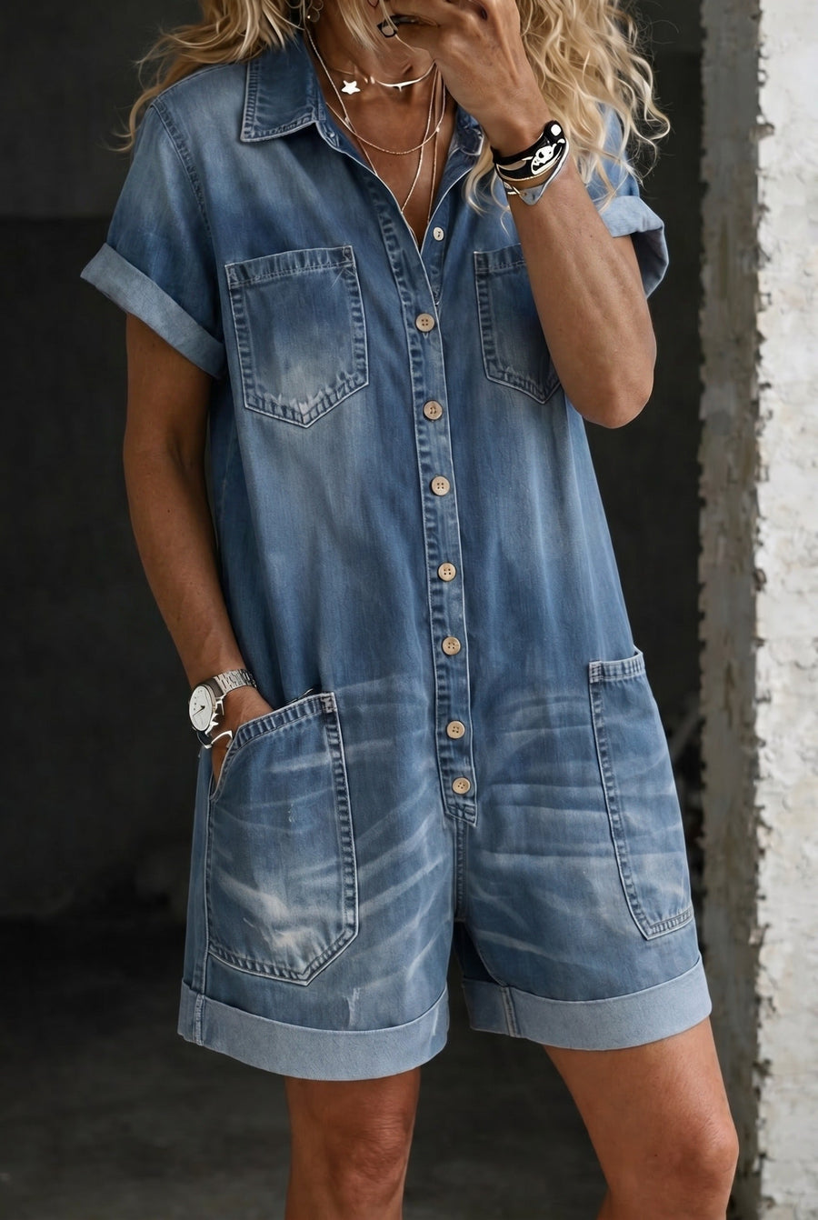 Liana | Casual Denim Short Jumpsuit with Patch Pockets – Blue