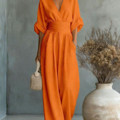 Severine | Women's Deep V-Neck Wide Leg Jumpsuit with Pockets – Orange