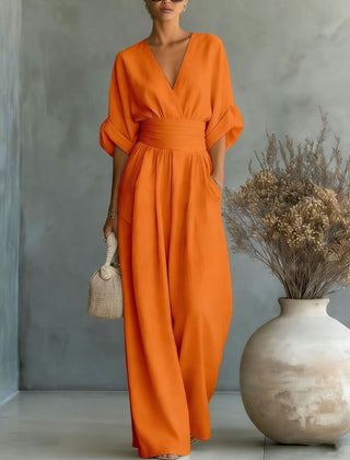 Severine | Women's Deep V-Neck Wide Leg Jumpsuit with Pockets – Orange