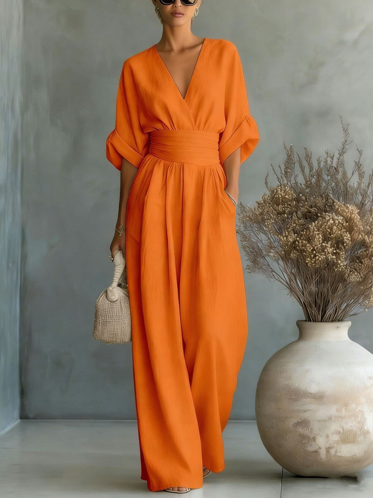 Severine | Women's Deep V-Neck Wide Leg Jumpsuit with Pockets – Orange